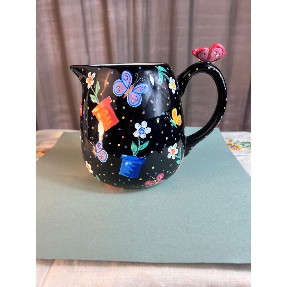 Vintage Burton and Burton Ceramic Butterflies and Flowers Black Pitcher~Ceramic